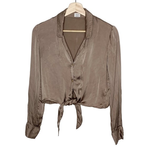Wilfred Aritzia Gold Shimmer Tan Button Up Top Blouse Tie Cognac 2XS Cupro - Picture 2 of 16